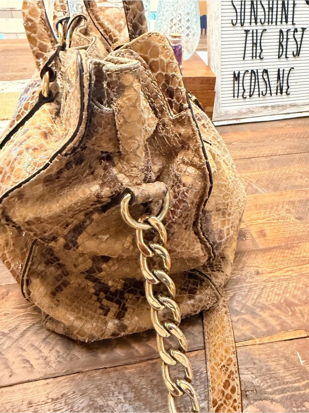 Michael Kors Hamilton satchel Snake Leather Brown Purse GUC 2 charm + key chain